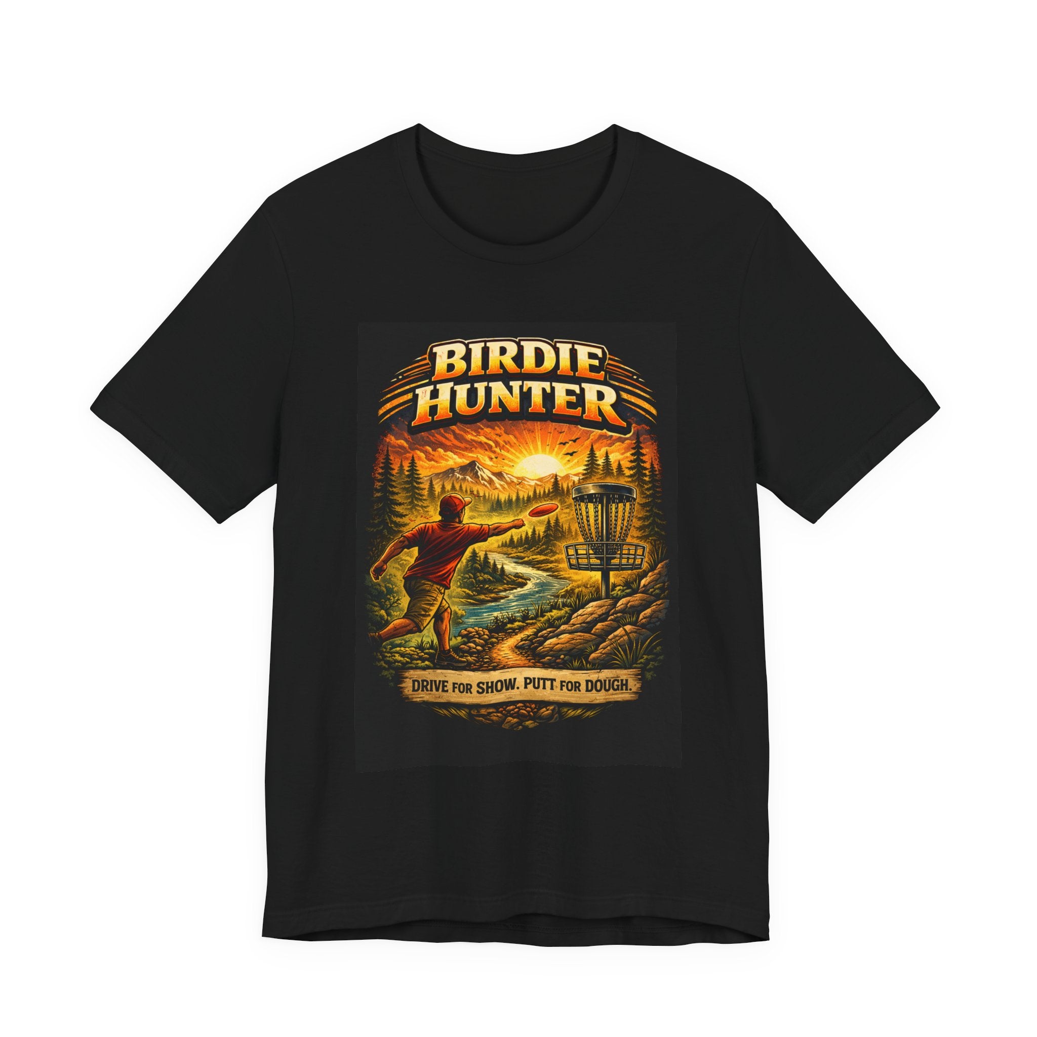 Birdie Hunter Disc Golf Tee - 'Drive Far, Score, Putt for Dough' Vintage Sunset Golf Shirt