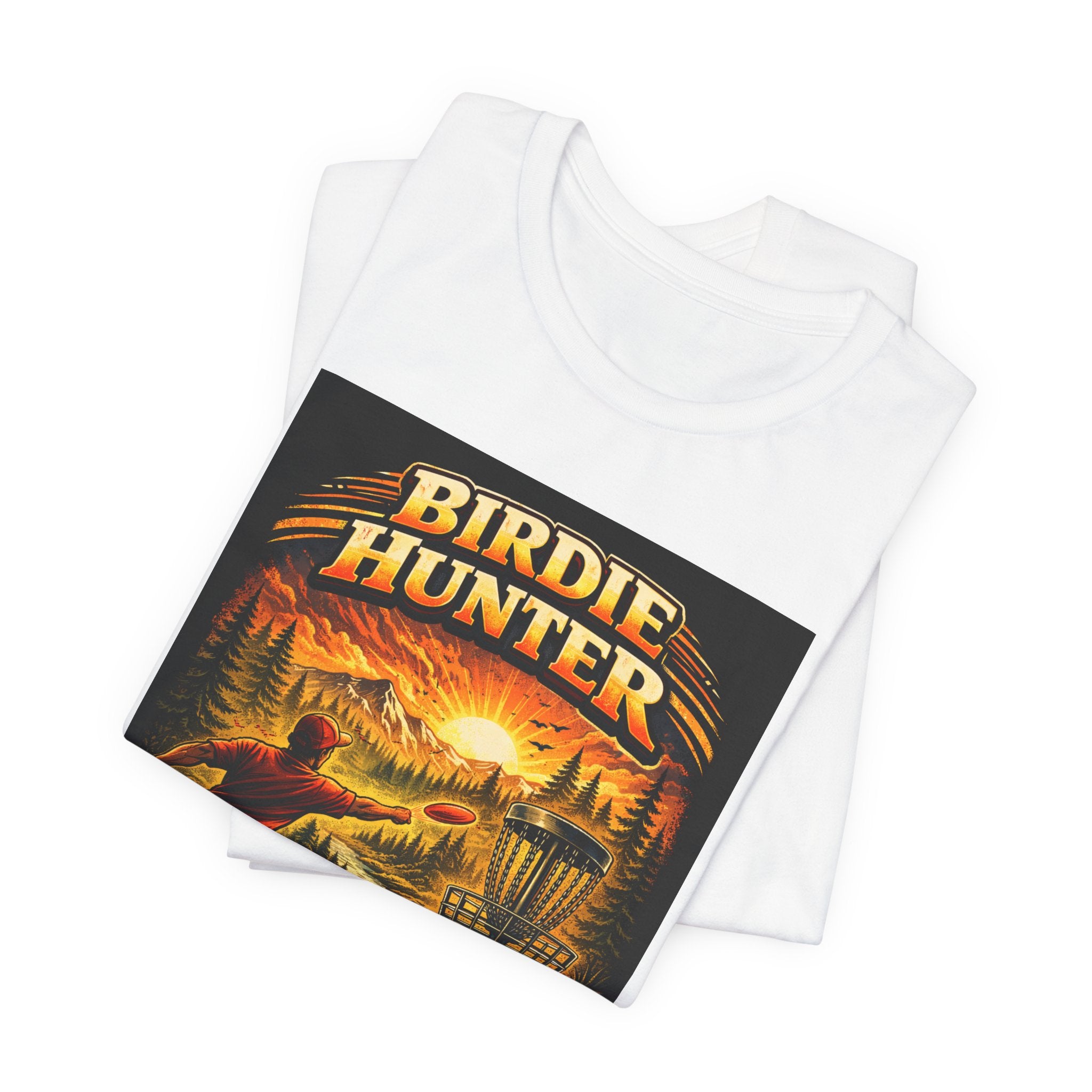 Birdie Hunter Disc Golf Tee - 'Drive Far, Score, Putt for Dough' Vintage Sunset Golf Shirt