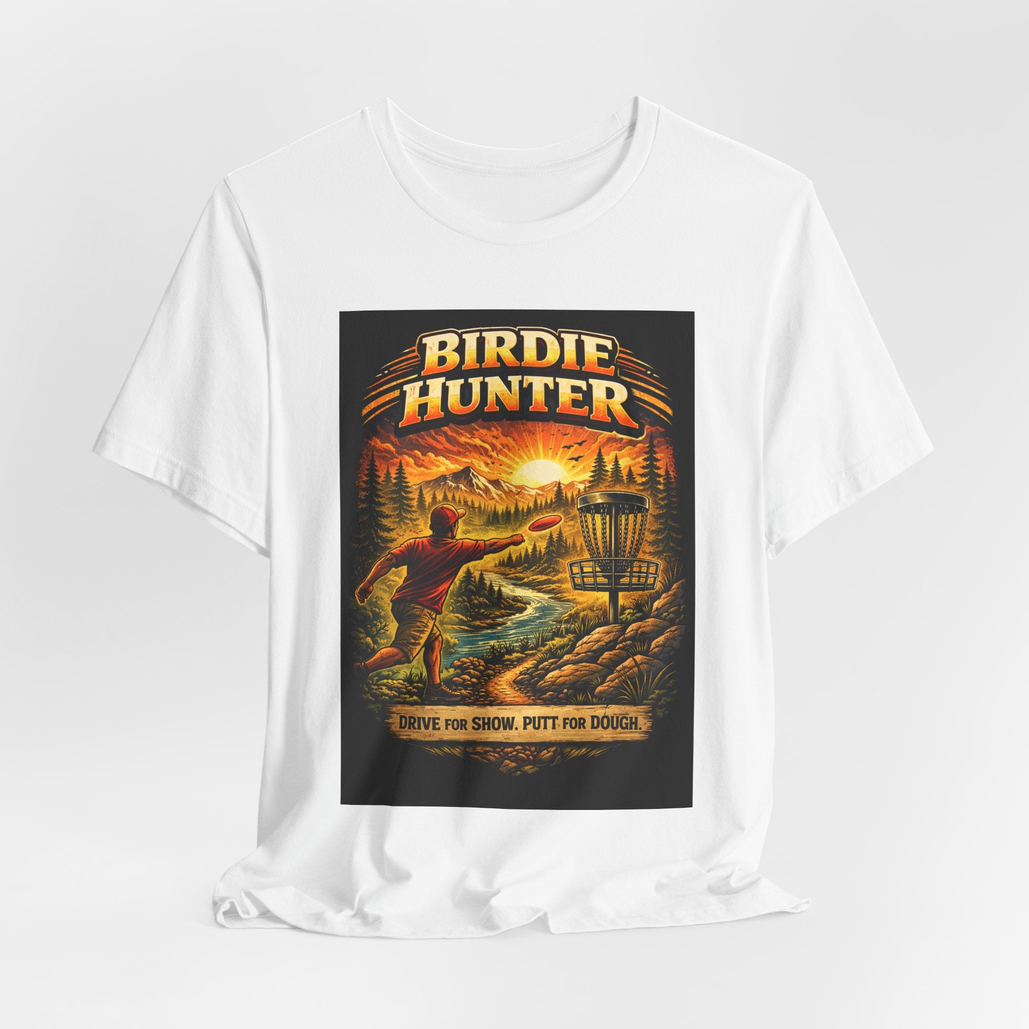 Birdie Hunter Disc Golf Tee - 'Drive Far, Score, Putt for Dough' Vintage Sunset Golf Shirt