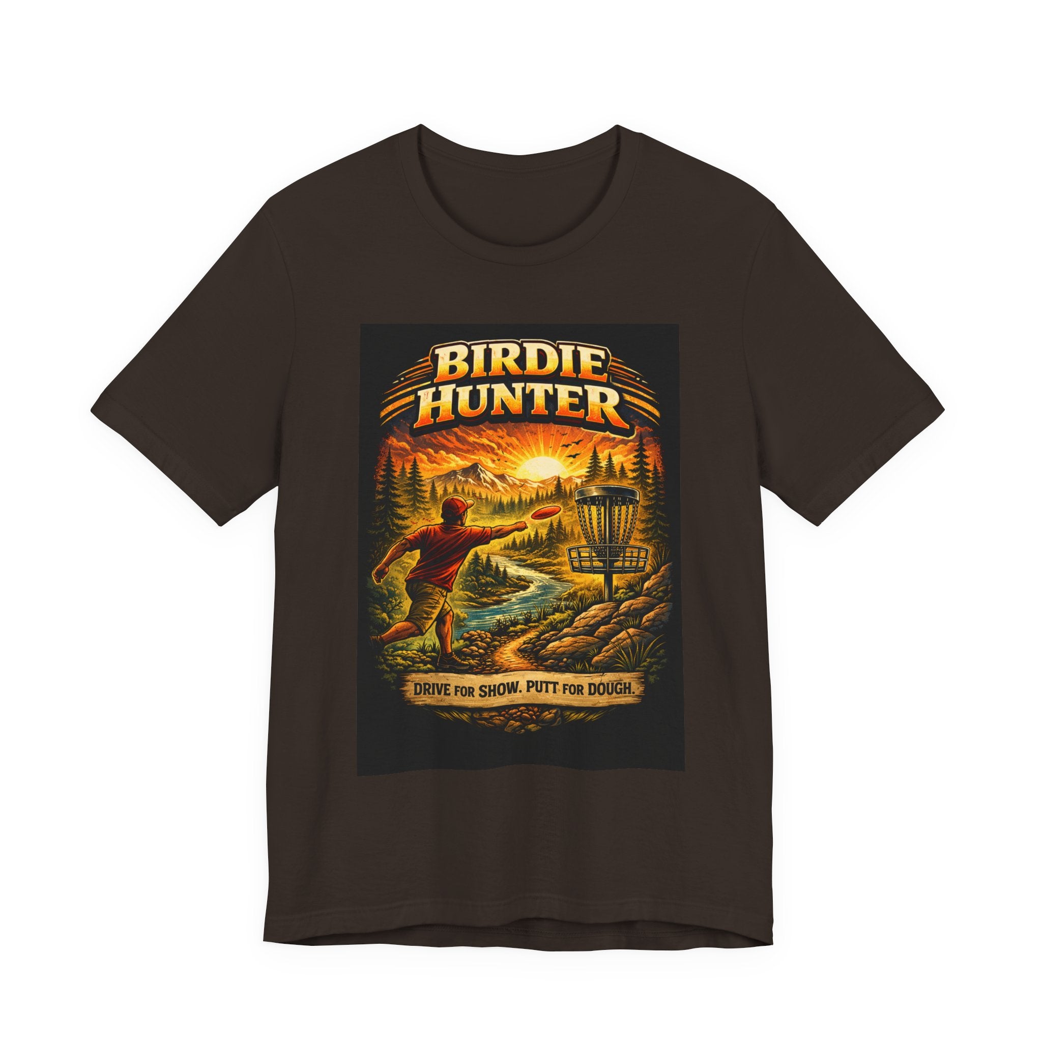 Birdie Hunter Disc Golf Tee - 'Drive Far, Score, Putt for Dough' Vintage Sunset Golf Shirt
