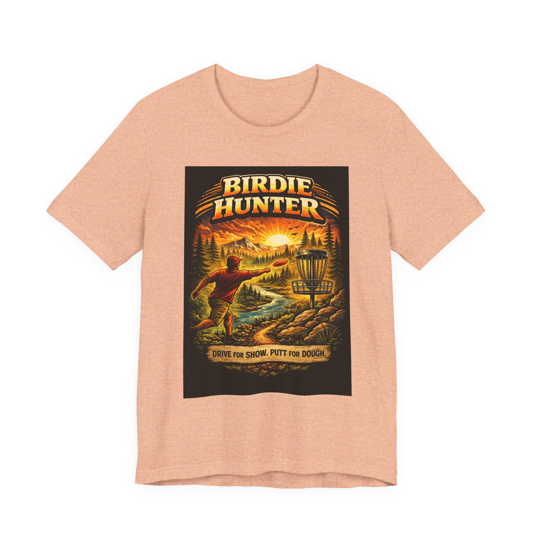 Birdie Hunter Disc Golf Tee - 'Drive Far, Score, Putt for Dough' Vintage Sunset Golf Shirt