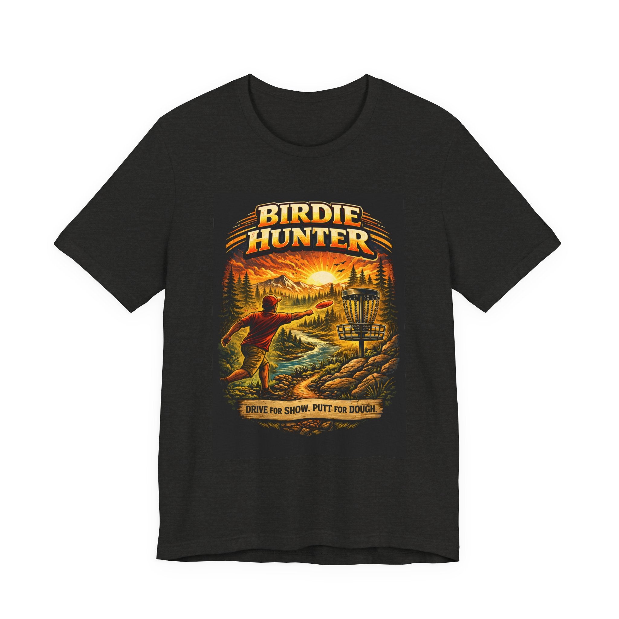 Birdie Hunter Disc Golf Tee - 'Drive Far, Score, Putt for Dough' Vintage Sunset Golf Shirt