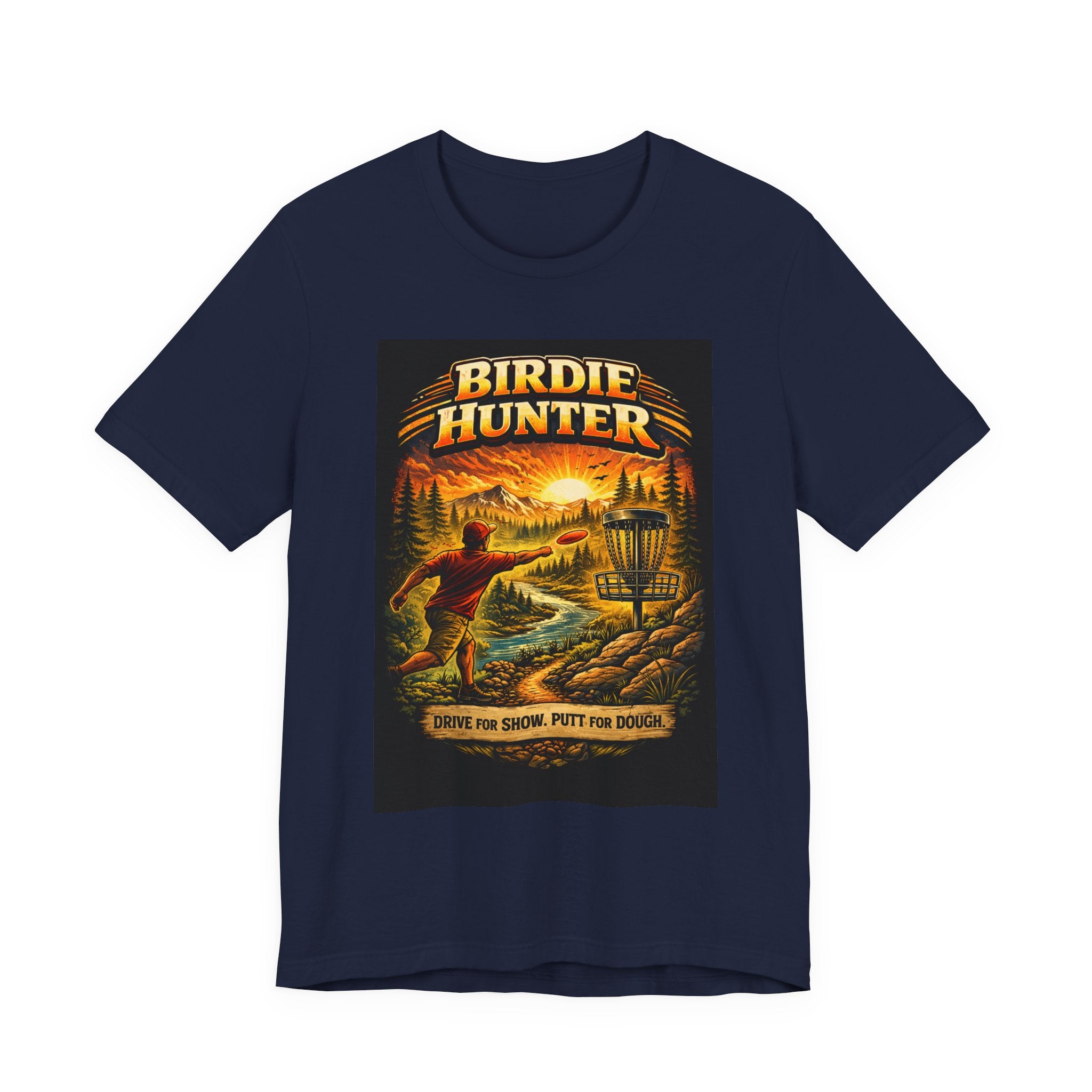 Birdie Hunter Disc Golf Tee - 'Drive Far, Score, Putt for Dough' Vintage Sunset Golf Shirt