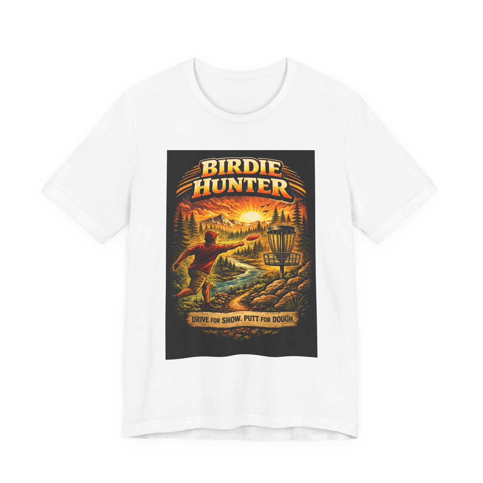 Birdie Hunter Disc Golf Tee - 'Drive Far, Score, Putt for Dough' Vintage Sunset Golf Shirt