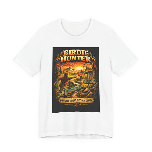 Birdie Hunter Disc Golf Tee - 'Drive Far, Score, Putt for Dough' Vintage Sunset Golf Shirt